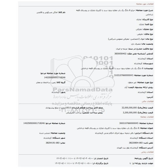 مزایده، 6 دانگ یک باب مغازه  بدون سند با کاربری تجاری در روستای قلعه شاخانی