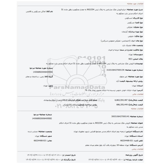 مزایده، فروش ملک مشاعی به پلاک ثبتی 903/254 به مقدار محکومیت وفق ماده 51 اجرای احکام مدنی بابت محکوم به