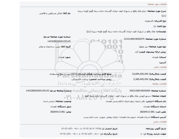 مزایده، ملک واقع در شهرک الوند خیابان گلستان جاده سیاه گونج کوچه سپنتا (باغ)