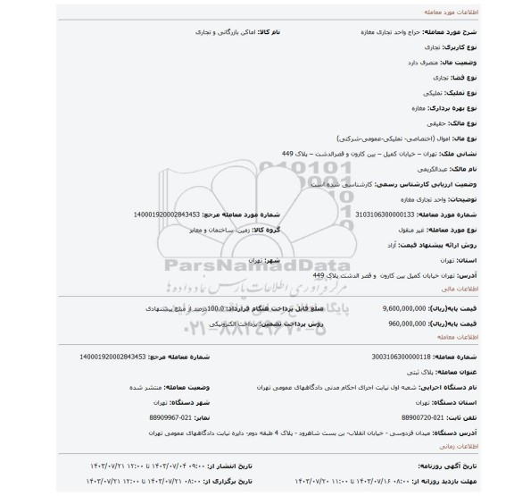 مزایده، واحد تجاری مغازه