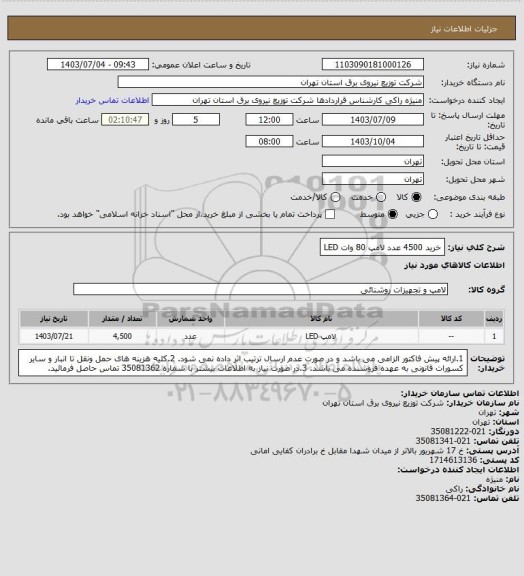 استعلام خرید 4500 عدد لامپ 80 وات LED
