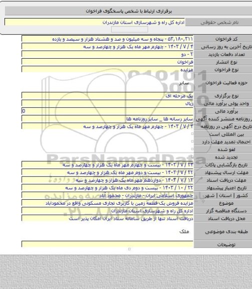 مزایده, مزایده فروش یک قطعه زمین با کاربری تجاری مسکونی واقع در محموداباد