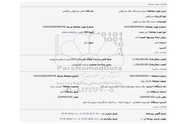 مزایده، ششدانگ ملک مسکونی