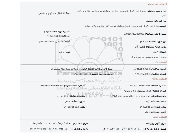 مزایده، ششدانگ یک قطعه زمین مشتمل بر یکبابخانه مسکونی ویلایی و یکباب مغازه