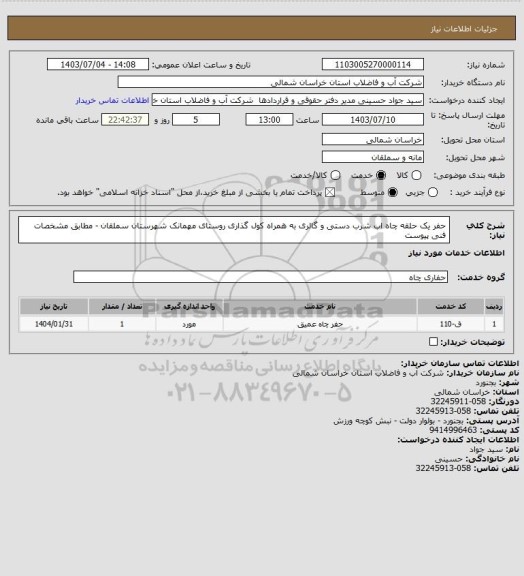 استعلام حفر یک حلقه چاه اب شرب دستی و گالری به همراه کول گذاری روستای مهمانک شهرستان سملقان - مطابق مشخصات فنی پیوست