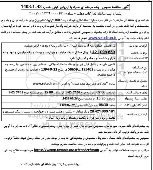 مناقصه  عملیات ساختمان باقیمانده پست 400 کیلوولت ناریوران