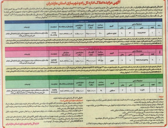مزایده فروش تعدادی قطعه زمین تجاری و مسکونی 