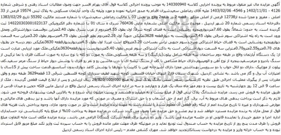 مزایده یک واحد آپارتمان مسکونی به پلاک ثبتی 19574 فرعی از 33 اصلی 