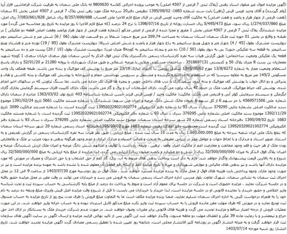 مزایده پلاک 7 فرعی از 4507 اصلی بخش 01 سمنان