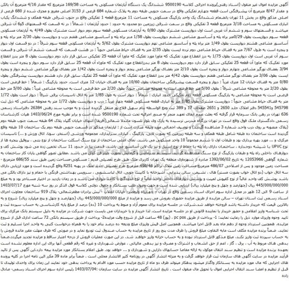 مزایده ششدانگ یک دستگاه آپارتمان مسکونی به مساحت 169/58 مترمربع