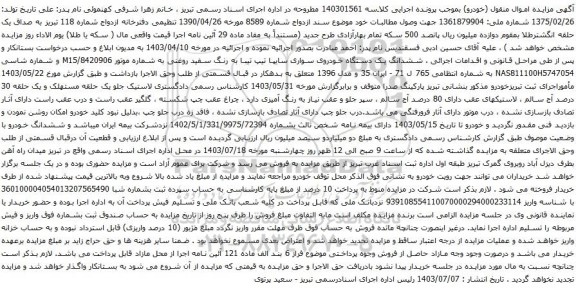 مزایده یک دستگاه خودروی سواری سایپا تیپ تیبا 