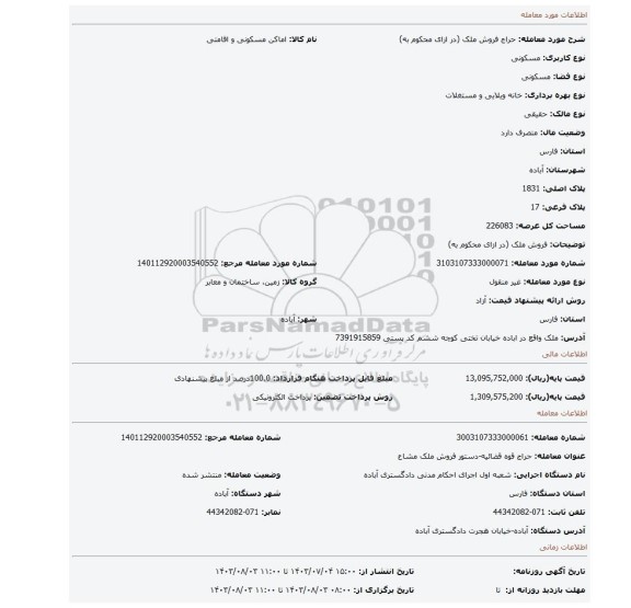 مزایده، فروش ملک (در ازای محکوم به)