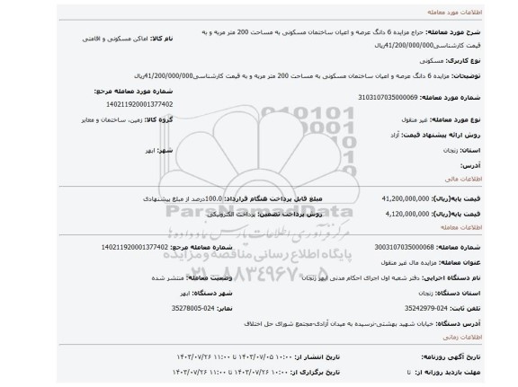 مزایده، مزایده 6 دانگ عرصه و اعیان ساختمان مسکونی به مساحت 200 متر مربه و به قیمت کارشناسی41/200/000/000ریال