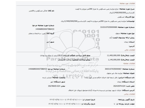 مزایده، مزایده زمین مسکونی به متراز 300متر مربع و به قیمت کارشناسی11/400/000/000ریال