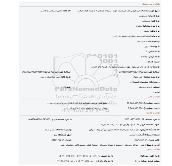 مزایده، فروش مال غیرمنقول جهت استیفای محکوم به و هزینه های اجرایی