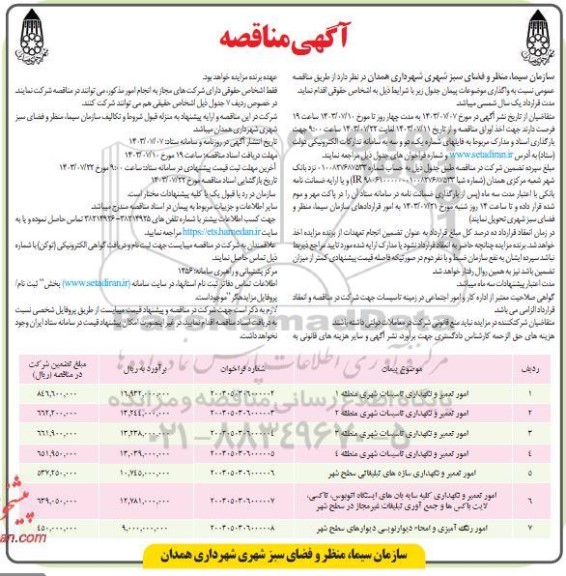 مناقصه امور تعمیر و نگهداری تاسیسات شهری منطقه 1...