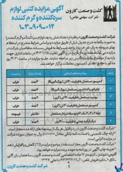 مزایده کتبی لوازم سردکننده و گرم کننده