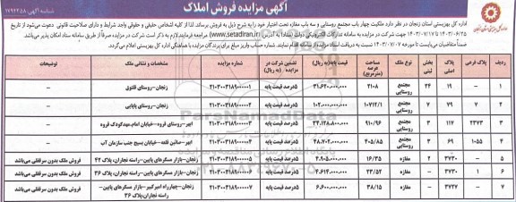 مزایده فروش ملکیت چهار باب مجتمع روستایی و سه باب مغازه تحت اختیار