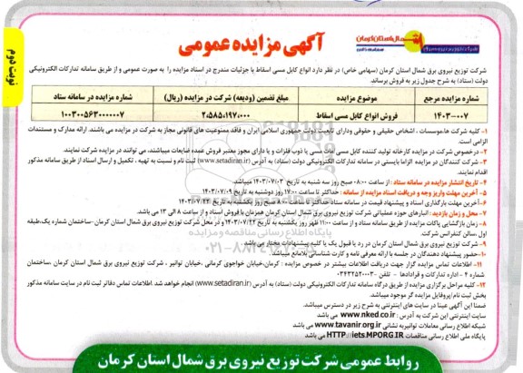مزایده عمومی فروش انواع کابل مسی اسقاط نوبت دوم