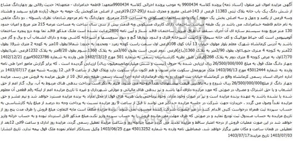 مزایده شش دانگ یک باب خانه پلاک ثبتی 11383 فرعی از 143-اصلی مفروز و مجزی شده 