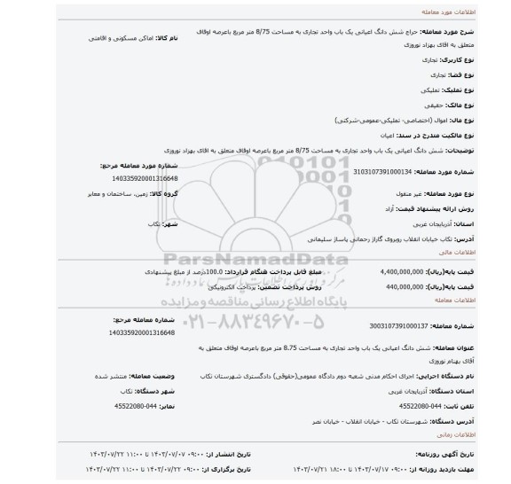 مزایده، شش دانگ اعیانی یک باب واحد تجاری به مساحت 8/75 متر مربع باعرصه اوقاف متعلق به اقای بهزاد نوروزی