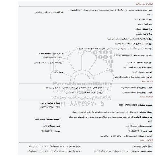 مزایده، شش دانگ یک باب مغازه دارای سند ثبتی متعلق  به اقای فتح الله  احمدی  پهلوان