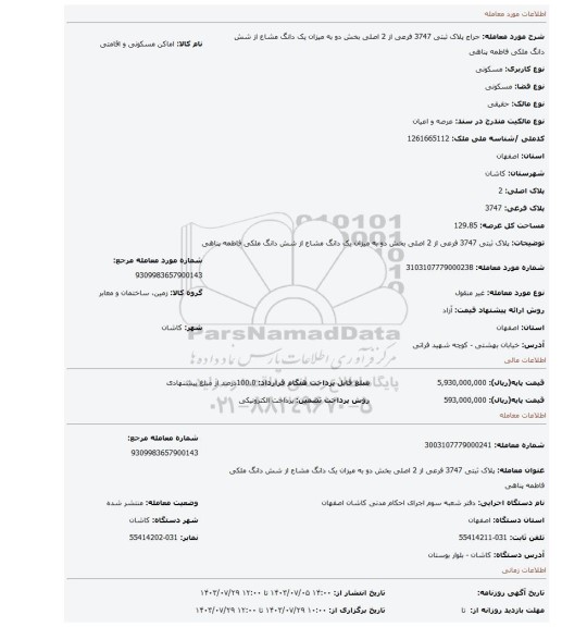 مزایده، پلاک ثبتی 3747 فرعی از 2 اصلی بخش دو به میزان یک دانگ مشاع از شش دانگ ملکی فاطمه پناهی