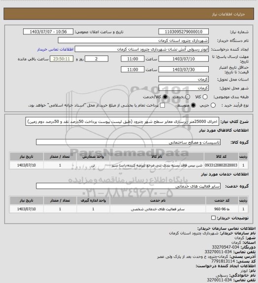 استعلام اجرای 25000متر زیرسازی معابر سطح شهر چترود (طبق لیست پیوست پرداخت 50درصد نقد و 50درصد دوم زمین)