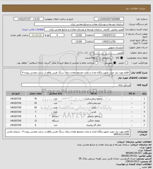 استعلام اقلام مورد نیاز جهت تجهیز پایگاه امداد و نجات مجتمع معادن زغال سنگ طبس واقع در سایت معدنی پروده 4