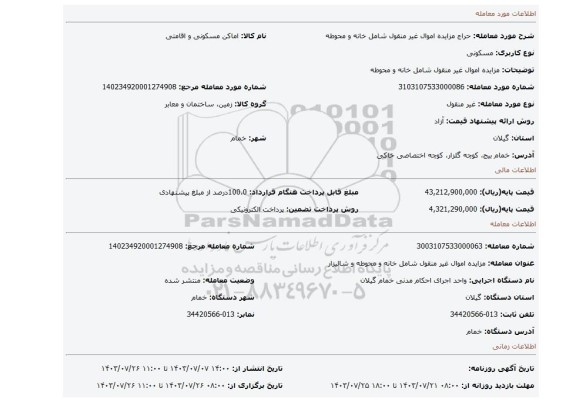 مزایده، مزایده اموال غیر منقول شامل خانه و محوطه