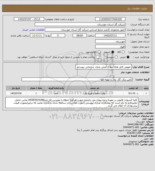 استعلام تعویض کابل های خط 2 اصلی منازل سازمانی نیوساید