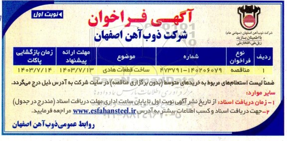 مناقصه ساخت قطعات هادی 