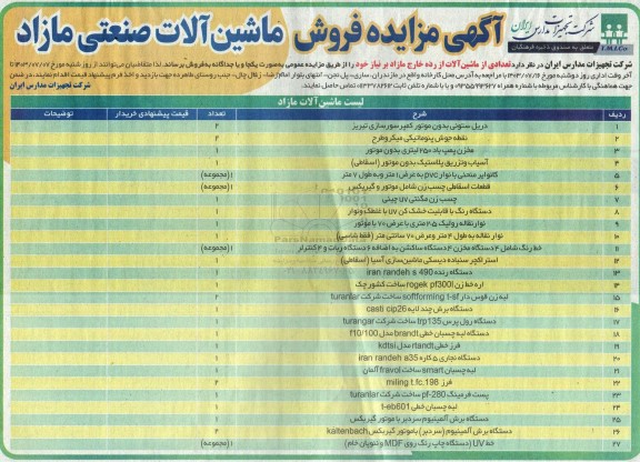 آگهی مزایده فروش ماشین آلات صنعتی مازاد