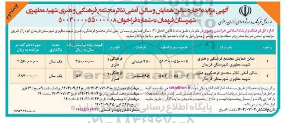 مزایده اجاره سالن همایش و سالن آمفی تئاتر مجتمع فرهنگی و هنری شهید مطهری - نوبت دوم