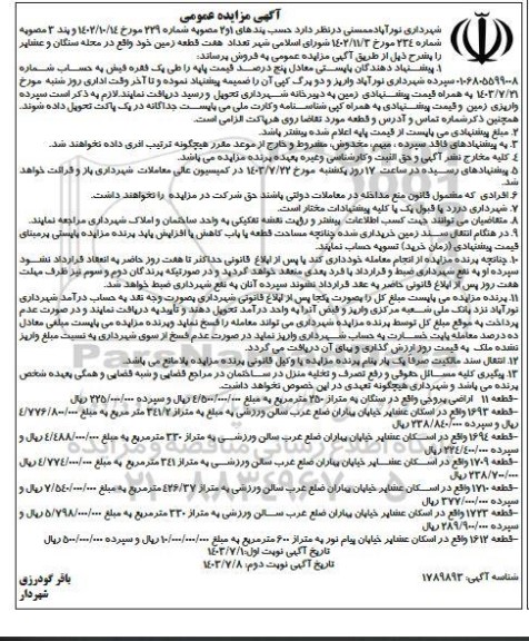 مزایده فروش تعداد هفت قطعه زمین