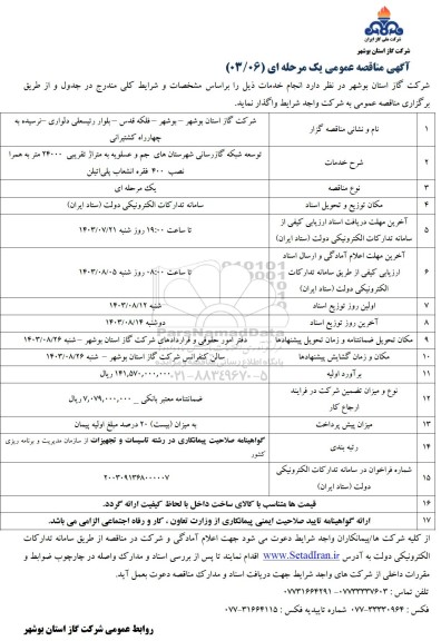 مناقصه توسعه شبکه گازرسانی شهرستان های جم و عسلویه ...