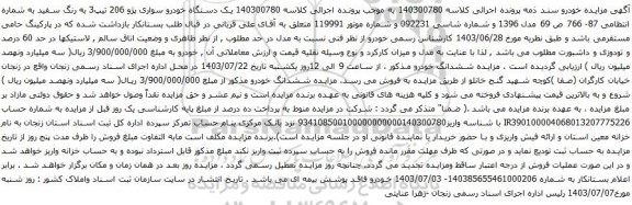 مزایده یک دستگاه خودرو سواری پژو 206 تیپ3 به رنگ سفید