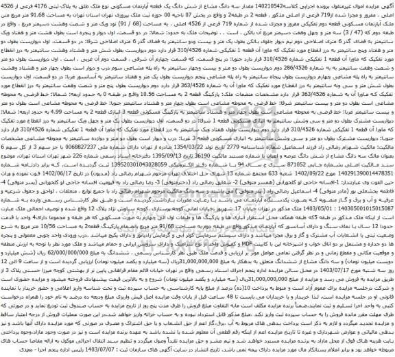 مزایده شش دانگ یک قطعه آپارتمان مسکونی نوع ملک طلق به پلاک ثبتی 4176 فرعی از 4526 اصلی 