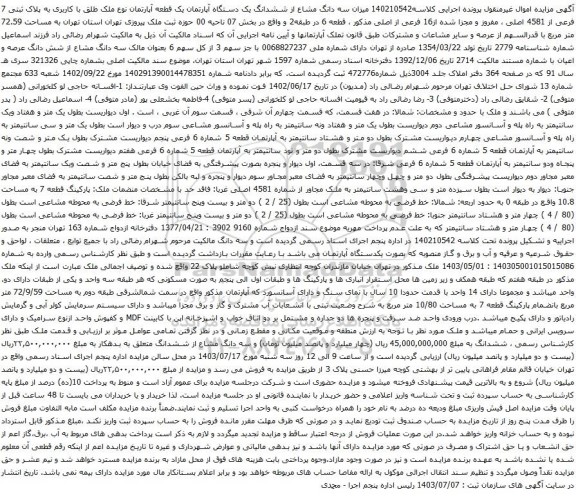 مزایده ششدانگ یک دستگاه آپارتمان یک قطعه آپارتمان نوع ملک طلق با کاربری به پلاک ثبتی 7 فرعی از 4581 اصلی 