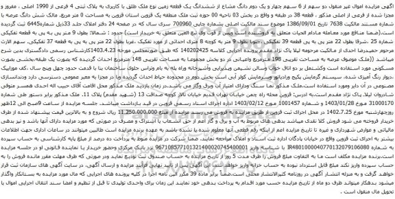 مزایده ششدانگ یک قطعه زمین نوع ملک طلق با کاربری به پلاک ثبتی 4 فرعی از 1990 اصلی 