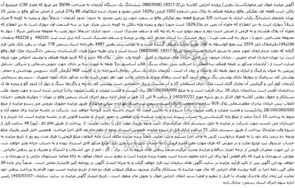 مزایده ششدانگ یک دستگاه آپارتمان به مساحت 58/96 متر مربع که مقدار 1/38 مترمربع