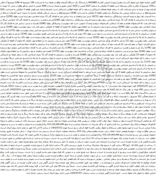 مزایده ششدانگ یک دستگاه آپارتمان واقع در طبقه سه به مساحت 199 مترمربع که 2/66 مترمربع
