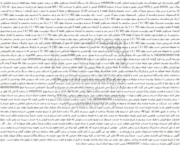مزایده ششدانگ یک دستگاه آپارتمان مسکونی واقع در سمت جنوبی طبقه سوم قطعه ششم تفکیکی به پلاک ثبتی 244151 فرعی از 4476 اصلی