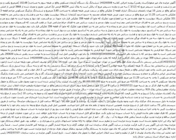 مزایده ششدانگ یک دستگاه آپارتمان مسکونی واقع در طبقه سوم به مساحت( 102.68 )مترمربع