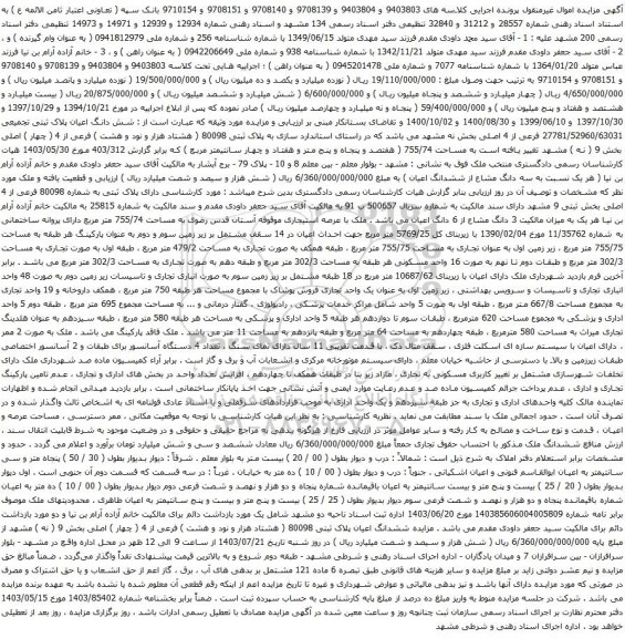 مزایده شش دانگ اعیان پلاک ثبتی تجمیعی 27781/52960/63031 فرعی از 4 اصلی بخش نه مشهد