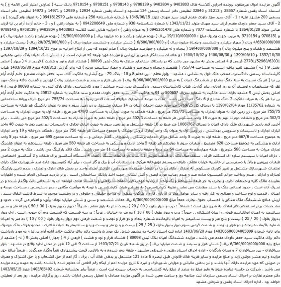 مزایده شش دانگ اعیان پلاک ثبتی تجمیعی 27781/52960/63031 فرعی از 4 اصلی بخش نه مشهد