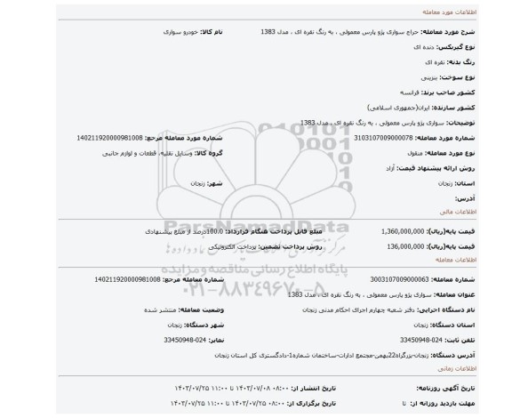 مزایده، سواری پژو پارس معمولی ، به رنگ نقره ای ، مدل 1383