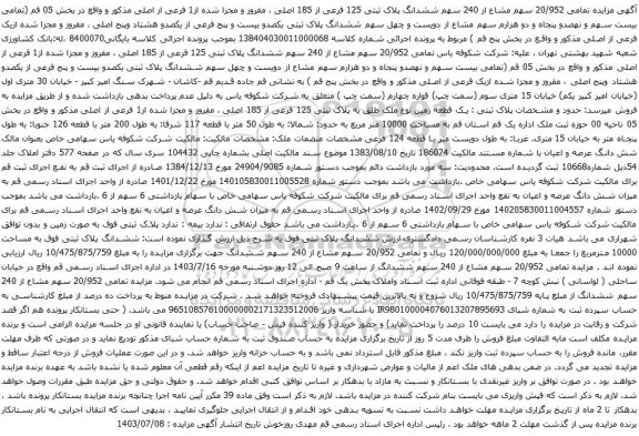 مزایده ششدانگ پلاک ثبتی 125 فرعی از 185 اصلی ، مفروز و مجزا شده 