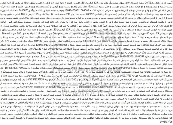 مزایده ششدانگ پلاک ثبتی 125 فرعی از 185 اصلی ، مفروز و مجزا شده