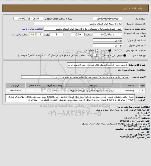 استعلام فروش داغی قطعات اتومبیل های خسارتی شرکت بیمه ایران